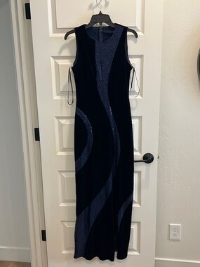 Betsy & Adam Navy Velvet Gown with Sparkle Panels
